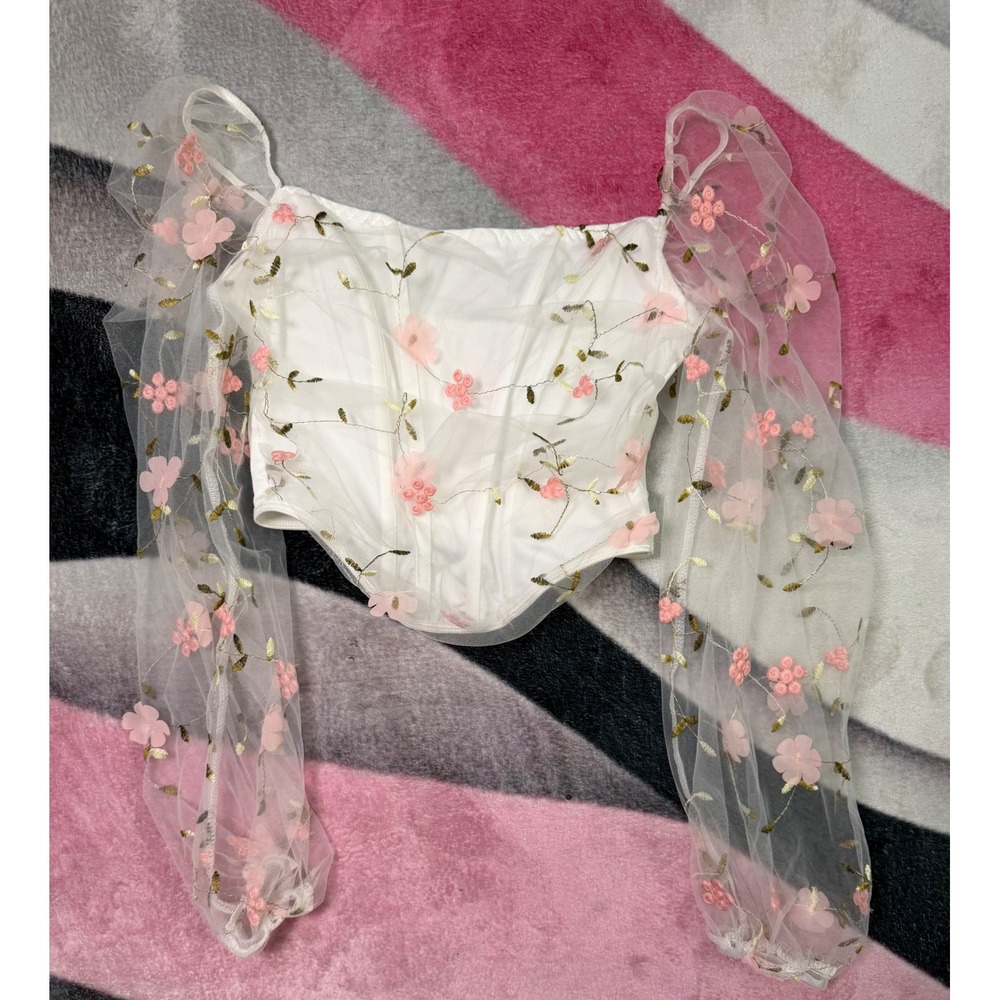 Shein White Corset Top Pink Floral Mesh Puff Sleeve Fairycore XS 2